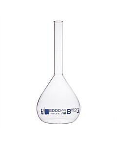 Eisco Labs Volumetric Flask, 2000ml - Class B - Borosilicate Glass - Blue Graduation, Tolerance ±1.200 - No Stopper, Beaded Rim - Eisco Labs
