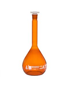 Eisco Labs Amber Volumetric Flask, 1000ml - Class A, Tolerance ±0.400ml - 24/29 Polypropylene Stopper - Borosilicate Glass - White Specifications & Graduation Mark - Eisco Labs