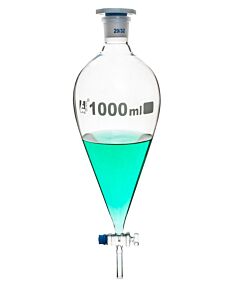 Eisco Labs Squibb Separating Funnel, 1000ml - 29/32 Plastic Stopper, Glass Key Stopcock, Ungraduated - Borosilicate Glass - Eisco Labs