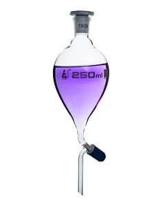 Eisco Labs Separating Funnel, 250ml - Pressure Equalizing, Pear Shaped - 19/26 Plastic Stopper, Rotaflow Stopcock - Borosilicate Glass - Eisco Labs