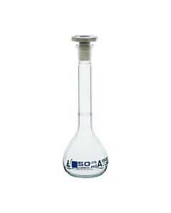 Eisco Labs Volumetric Flask, 50ml - Class A Tolerance ±0.06ml - 12/21 Polypropylene Stopper - Single Graduation Mark - Borosilicate Glass - Eisco Labs