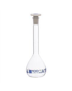 Eisco Labs Volumetric Flask, 100ml - Class A Tolerance ±0.10ml - 14/23 Polypropylene Stopper - Single Graduation Mark - Borosilicate Glass - Eisco Labs