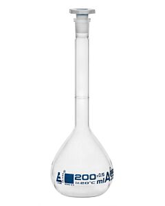 Eisco Labs Volumetric Flask, 200ml - Class A - 14/23 Stopper - Includes Calibration Certificate