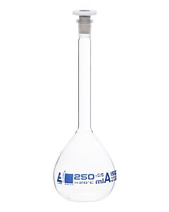 Eisco Labs Volumetric Flask, 250ml - Class A - Tolerance ±0.15ml - Interchangeable, 14/23 Polypropylene Stopper - Single, White Graduation - With Individual Work Certificate - Borosilicate Glass - Eisco Labs