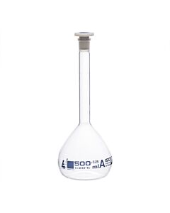 Eisco Labs Volumetric Flask, 500ml - Class A Tolerance ±0.25ml - 19/26 Polypropylene Stopper - Single Graduation Mark - Borosilicate Glass - Eisco Labs