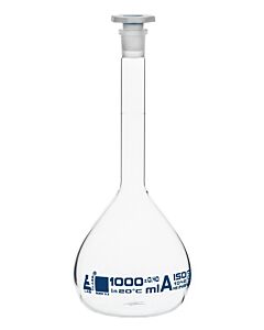 Eisco Labs Volumetric Flask, 1000ml - Class A - Tolerance ±0.40ml - Interchangeable, 24/29 Polypropylene Stopper - Single, White Graduation - With Individual Work Certificate - Borosilicate Glass - Eisco Labs