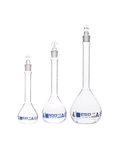 Eisco Labs Safety Pack Volumetric Flask Set - 50ml, 100ml & 250ml - Class A, ASTM -Borosilicate 3.3 Glass