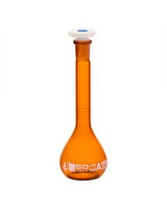 Eisco Labs Volumetric Flask, 50ml - Class A Tolerance ±0.06ml - 12/21 Polypropylene Stopper - Single Graduation Mark - Amber Color Borosilicate Glass - Eisco Labs