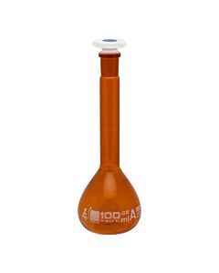 Eisco Labs Volumetric Flask, 100ml - Class A Tolerance ±0.10ml - 14/23 Polypropylene Stopper - Single Graduation Mark - Amber Color Borosilicate Glass - Eisco Labs