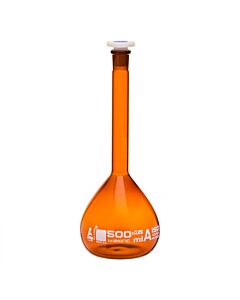 Eisco Labs Volumetric Flask, 500ml - Class A Tolerance ±0.25ml - 19/26 Polypropylene Stopper - Single Graduation Mark - Amber Color Borosilicate Glass - Eisco Labs