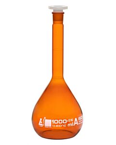 Eisco Labs Volumetric Flask, 1000ml - Class A - Polypropylene Stopper - Borosilicate 3.3 Glass - Eisco Labs