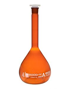 Eisco Labs Volumetric Flask, 2000ml - Class A - Polypropylene Stopper - Borosilicate 3.3 Glass - Eisco Labs