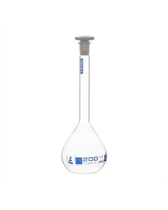 Eisco Labs Volumetric Flask, 200ml - Class A, ASTM - Polypropylene Stopper - Blue Graduation - Borosilicate Glass