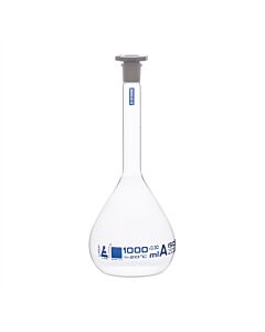 Eisco Labs Volumetric Flask, 1000ml - Class A, ASTM - Polypropylene Stopper - Blue Graduation - Borosilicate Glass