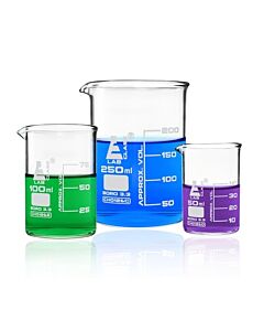 Eisco Labs Safety Pack Beaker Set, 250ml, 100ml & 50ml - Low Form, White Graduations - Borosilicate 3.3 Glass