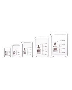 Eisco Labs Premium Beaker Set, 50ml, 100ml, 250ml, 600ml & 1000ml - Low Form, White Graduations - Superior Durability & Chemical Resistance - Borosilicate 3.3 Glass