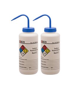 Eisco Labs 2PK Performance Plastic Wash Bottle, Sodium Hypochlorite (Bleach), 1000 ml - Labeled (4 Color)