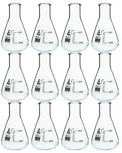 Eisco Labs 12PK Erlenmeyer Flasks, 50mL - Narrow Neck - Borosilicate Glass