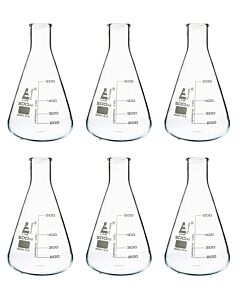 Eisco Labs 6PK Erlenmeyer Flasks, 500mL - Narrow Neck - Borosilicate Glass