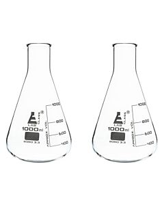 Eisco Labs 2PK Erlenmeyer Flasks, 1000mL - Narrow Neck - Borosilicate Glass
