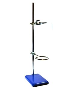 Eisco Labs 4 Piece Set - Rectangular Retort Stand, Rod, Clamp & Ring Set - 8"x5" Steel Base, 23.6" Stainless Steel Rod, 3" Steel Support Rings, 3-Pronged Coated Clamp - Eisco Labs