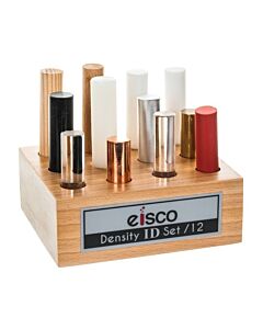Eisco Labs 12pc Cylindrical Bars Density ID Set - Includes Hardwood, Softwood, Aluminum, Copper, Brass, Rubber, Nylon, Derlin, PVC, Glass, Acrylic & Teflon