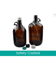 Qorpak 135oz (4000ml) Safety Coated Amber Jug w/38-439 Black Phenolic F217 & Ptfe Lined Cap Attached