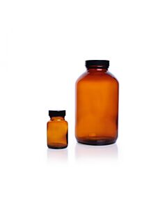 DWK KIMBLE® Amber Glass Wide-Mouth Packer Bottles, Bulk Packs, Shrink Modules With Caps in Bags, 125 mL, PTFE-Faced LDPE Foam