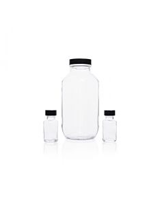 DWK KIMBLE® Clear Glass French Square Bottles, Bulk Packs, Shrink Modules With Caps in Bags, 250 mL, Solid PE