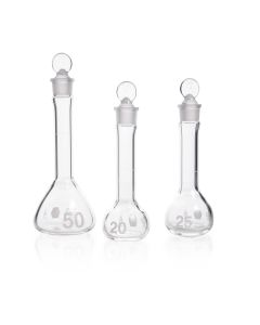 DWK KIMBLE® KIMAX® Serialized and Certified Volumetric Flask, Class A, Heavy Duty, Wide-Mouth, with Pennyhead Glass Stopper, 20 mL