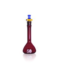 DWK KIMBLE® RAY-SORB® Volumetric Flask, Amber, Class A, Heavy Duty, Wide Mouth, with Polyethylene Stopper, 50mL
