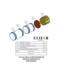 Agilent Technologies Sample Spacer Kit, 7.5 mm, 450 µL, liquids. Contains 5 front and 5 rear sample spacers, 5 end caps and 5 top discs
