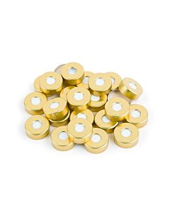 Restek Magnetic Crimp-Top Caps with PTFE/Silicone Septa, 20 mm w/ 8 mm Hole, Gold, Preassembled, 100-pk.