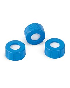 Restek Short Screw Caps, Polypropylene, Ribbed, Screw-Thread, PTFE/Silicone Lined for Agilent 7693A, Blue, Preassembled, 2.0 mL, 9mm, 100-pk.