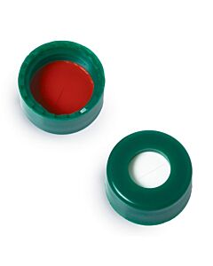 Restek Short Screw Caps, Polypropylene, Screw-Thread, PTFE/Silicone w/Slit, Green, Preassembled, 2.0 mL, 9 mm, 100-pk.