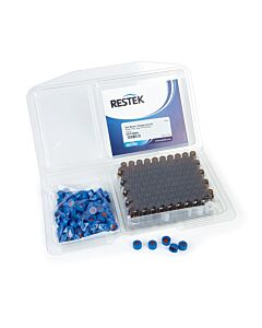 Restek 2.0 mL Screw-Thread Vial Convenience Kit, PTFE/Butyl Rubber Septa, Amber w/Graduated Marking Spot w/Blue Caps, 9 mm, 100-pk.