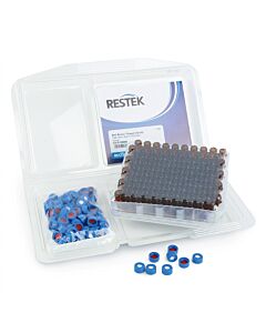 Restek 2.0 mL Screw-Thread Vial Convenience Kit, PTFE/Silicone Septa, Amber w/Graduated Marking Spot w/Blue Caps, 9 mm, 100-pk.