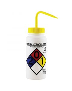 RPI Right-To-Know Safety Wash Bottles, Bleach (Sodium Hypochlorite), Yellow Cap, 4 Per Case