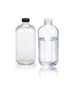 DWK WHEATON® Amber Safety Coated Boston Round Bottle, Polyethylene LDPE lined Black Phenolic Cap, 32oz