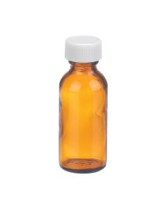 DWK WHEATON® Boston Round Bottle, 1oz, amber, white Polypropylene, PTFE faced foamed Polyethylene, case of 48