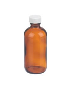DWK WHEATON® Boston Round Bottle, 4oz, amber, white Polypropylene, PTFE faced foamed Polyethylene, case of 24