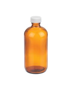 DWK WHEATON® Boston Round Bottle, 8oz, amber, white Polypropylene, PTFE faced foamed Polyethylene, case of 12