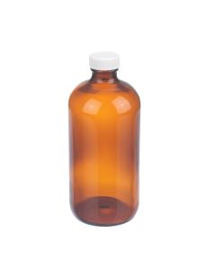 DWK WHEATON® Boston Round Bottle, 16oz, amber, white Polypropylene, PTFE faced foamed Polyethylene, case of 12