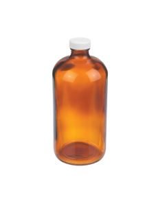 DWK WHEATON® Boston Round Bottle, 32oz, amber, white Polypropylene, PTFE faced foamed Polyethylene, case of 12
