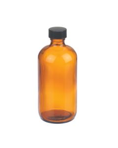 DWK WHEATON® Boston Round Bottle, 8oz, amber, black Phenolic, PE cone, case of 12