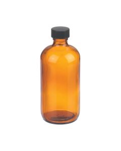 DWK WHEATON® Boston Round Bottle, 8oz, amber, black Phenolic, rubber, case of 12