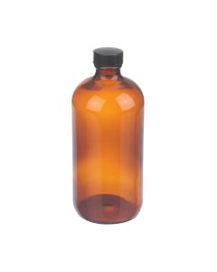 DWK WHEATON® Boston Round Bottle, 16oz, amber, black Phenolic, rubber, case of 12