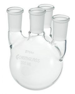 Chemglass Life Sciences Flask, Round Bottom, 3000ml, Heavy Wall, 34/45 - 24/40, 4-Neck, Vertical